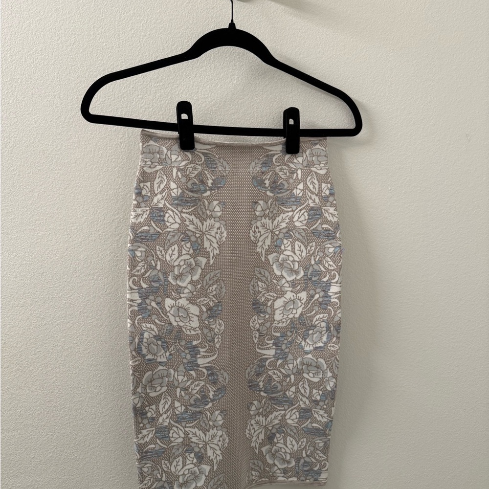 BCBGMaxazria Floral Lace Pencil Skirt in Beige and Light Blue